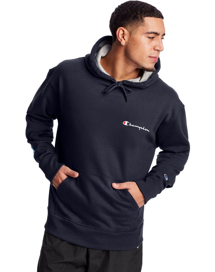 Champion Powerblend Fleece Script Logo Hoodie Heren - Donkerblauw - Belgie 8456ZSUWJ